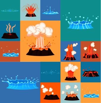 Concept of active volcano and blue geyser in action. Splash of hot lava, flowing magma, discarded steam under pressure. Powerful aqua fountain from hot spring. Vector illustration in cartoon style.. Concept of Active Volcano and Geyser in Action
