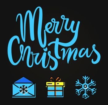 Merry Christmas festive poster with wintertime icons on gray background. Vector illustration with box decorated with bow and patterned snowflake. Merry Christmas Festive Poster Vector Illustration