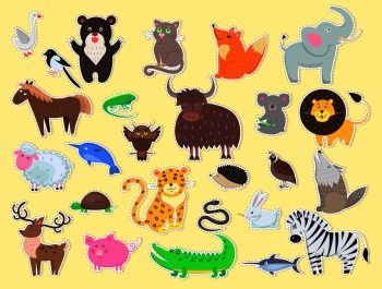 Cut out exotic, domestic and farm animals poster with yellow background. Vector flat colorful banner of live creatures signs for cutting and children’s playing. Mammals,insects and wildlife characters. Cut out Exotic, Domestic and Farm Animals Poster