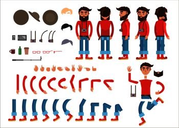 Hipster character constructor with body parts, clothes, gadgets and accessories. Bearded man in jumper, rolled up jeans and boots with photo camera on neck from different sides isolated flat vector