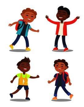 Set of schoolboys first year pupils with backpacks isolated on white background. Smiling kids in school uniform vector illustrations. Set of Schoolchildren First Year Pupil with Bags