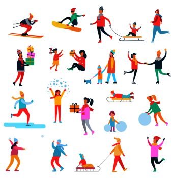 Winter activities collection of icons, skier and snowboarder, kid on sled, man with presents, snowballs and family, game vector illustration. Winter Activities Collection Vector Illustration