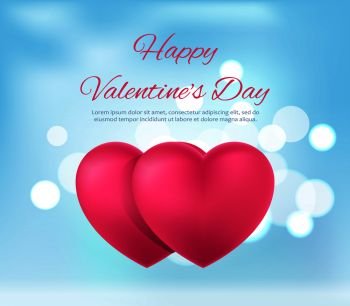 Happy Valentine’s Day bright colorful postcard with huge pink hearts. Vector illustration with congratulation for lovers on shiny blue background. Happy Valentine’s Day Postcard Vector Illustration