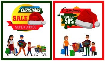 Pair of Christmas sale cards vector illustration with two families, lot of purchases, red hats, ad text, isolated on white with green and red frames. Pair of Christmas Sale Cards Vector Illustration