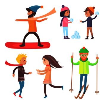 People collection of icons, winter sports and games, snowboarder and skier, couples with snowballs, playing together, isolated on vector illustration. People Collection of Icons Vector Illustration