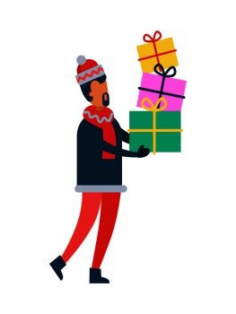 Man holding Christmas presents in hands, piles of gift boxes, vector illustration of happy male with packed surprises isolated on white background. Man Holding Christmas Present Boxes Piles of Gifts