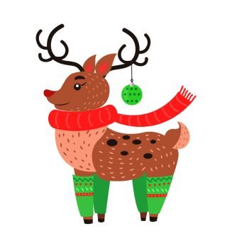 Little cute deer icon isolated on white background. Vector illustration with beautiful animal dressed in scarf, socks with Christmas decoration on horn. Little Cute Deer Icon Vector Illustration