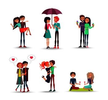 Cheerful six pair of lovers on white background vector illustration. Woman and man holds ice cream and glasses with wine, stands under one umbrella.. Cheerful Six Pair of Lovers on White Background