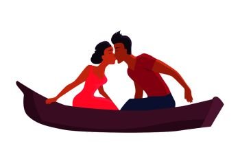 Couple in love swims on purple canoe and kisses isolated vector illustration on white background. Woman in pink dress and man in T-shirt and jeans.. Couple in Love Swims on Purple Canoe and Kisses