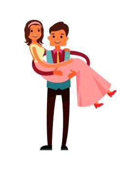 Groom carrying bride wearing pink dress, poster with man dressed in colorful suit and woman with simple hairstyle isolated on vector illustration. Groom Carrying Bride Poster Vector Illustration