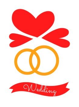 Wedding poster with rings as symbols of eternal love and understanding, and hearts with title in ribbon, vector illustration isolated on white. Wedding Rings and Hearts, Vector Illustration