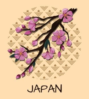 Japan promo poster with sakura branch with pink blossom and pattern in circle isolated cartoon flat vector illustration on beige background.. Japan Promo Poster with Sakura Branch and Pattern