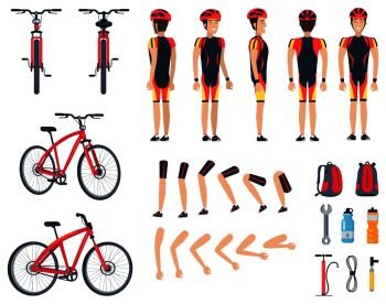 Man in sport clothes and modern bicycle. Character constructor that consists of body parts, big backpack and tools for vehicle vector illustrations.. Man in Special Sport Clothes and Modern Bicycle