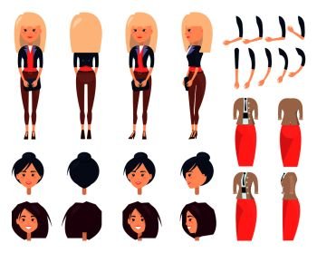 Modern girl character constructor with spare heads, stylish haircuts, elegant suit with skirt and hands in various positions vector illustrations set.. Modern Girl Character Constructor with Spare Heads
