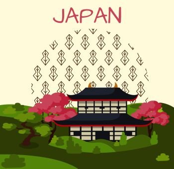 Japan promo poster with traditional house with curved roof surrounded with sakura trees and thick grass on beige background with pattern in circle.. Japan Promotional Poster with Traditional House