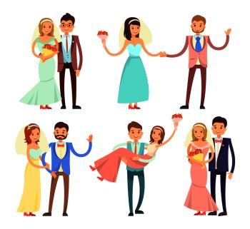 Newlyweds collection, couples dancing and having fun, brides in dresses holding bouquets and grooms wearing suits, isolated on vector illustration. Newlyweds Dancing and Have Fun Vector Illustration