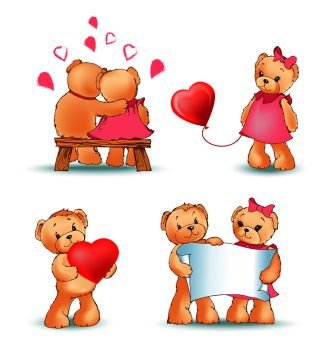 Teddy bears collection, couple in love, characters with sheet of paper, balloon in shape of heart, present and letter, isolated on vector illustration. Teddy Bears Collection Love Vector Illustration