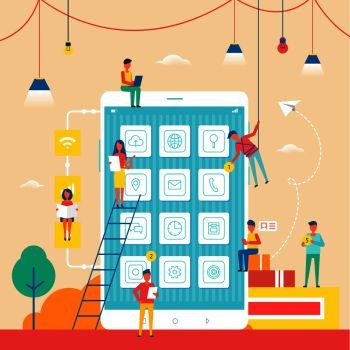 Mobile phone and people, poster with smartphone, ladder and lamps, icons and buttons, tree and clouds, vector illustration isolated on pink background. Mobile Phone and People Poster Vector Illustration