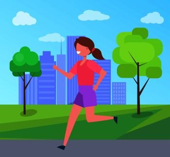 Girl running in city park on background of skyscrapers and green trees vector illustration female character in cartoon style, woman jogger with ponytail. Girl Running in City Park Skyscraper on Background