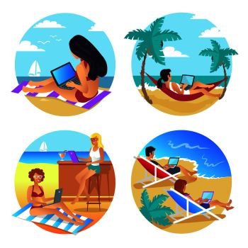 Business summer, beach set, people working at seaside using laptops, busy women enjoying view and relaxation, vector illustration isolated on white. Business Summer Beach Set Vector Illustration