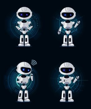 Four glossy white robots stands with bent hands and speaks isolated on futuristic interfaces, geometric figures, vector illustration isolated on blue. Four Robots Isolated on Futurisctic Interfaces