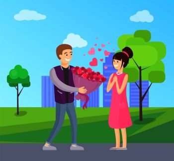 Man presenting luxury bouquet of flowers to woman, vector illustration of dating couple in love vector isolated on background of skyscrapers in park. Man Presenting Luxury Bouquet of Flowers to Woman