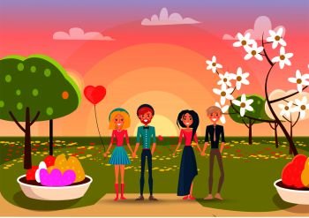 Two loving couples on sunset in park background vector illustration. Blonde girl holds red balloon in shape of heart, brunette female keeps pink rose. Two Loving Couples on Sunset in Park Background