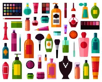 Beauty means and decorative cosmetics collection. Expensive lotions and moisturizers, professional makeup tools cartoon vector illustrations set.. Beauty Means and Decorative Cosmetics Collection