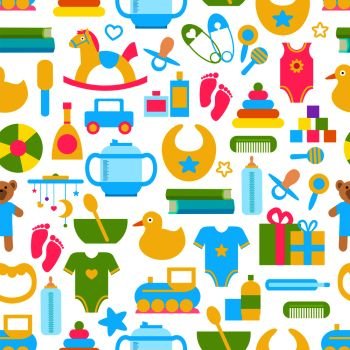 Toys for children seamless pattern consisting of items for babies and kids cars and horses, suit and pins with soother bottle and comb, vector illustration. Toys for Children Set Pattern Vector Illustration