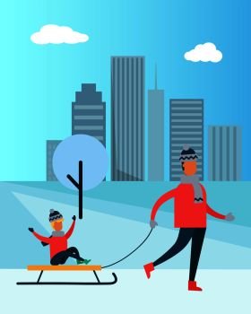 Father carrying child on sleigh spending time together during winter holidays on background of skyscrapers vector illustration wintertime activities. Father Carry Child on Sleigh Spend Time Together