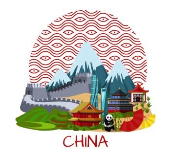 China promo poster with famous landmarks and nature. Great Chinese Wall, high mountains, cute panda and authentic architecture vector illustration.. China Poster with Famous Landmarks and Nature