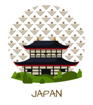 Japan travelling poster with authentic building that has curved roof and surrounded with bushes, and circle with pattern behind vector illustration.. Japan Travelling Poster with Authentic Building