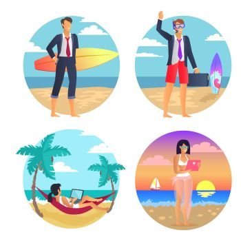 Business summer, freelance poster, businessman with surfboard wearing suit, woman with laptop in hammock, sunset and reflection vector illustration. Business Summer Freelance Vector Illustration