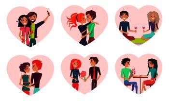 Couples in love and happiness, man and woman taking selfie, kissing people, girlfriend and boyfriend sitting in cafe isolated on vector illustration. Couples in Love and Happiness Vector Illustration