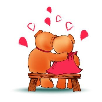 Couple of bears sitting in bench, loving characters cuddling and feeling good, hearts and love all around, vector illustration isolated on white. Couple of Bears Sitting Love Vector Illustration