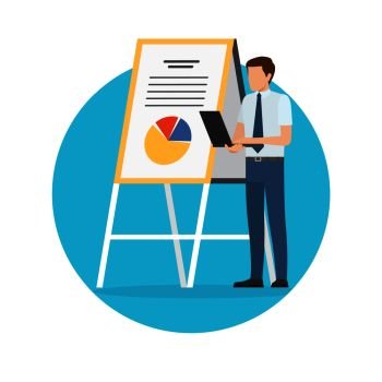 Man giving presentation, poster whiteboard and information, data and graphics and looking at laptop, businessman and conference, vector illustration. Man Giving Presentation Poster Vector Illustration