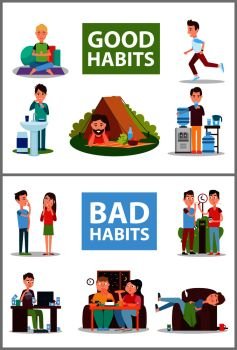 Good and bad habits posters set, camping and jogging, drinking water and brushing teeth, eating at night and smoking isolated on vector illustration. Good and Bad Habits Poster Vector Illustration