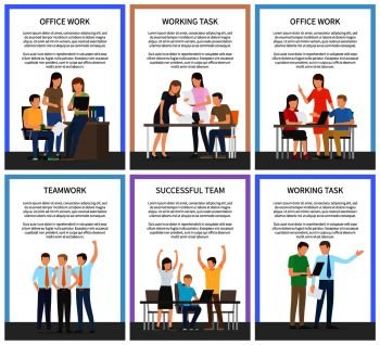 Teamwork and working task successful team and office work posters collection with meetings and seminars, brainstorming isolated on vector illustration. Teamwork and Working Task Vector Illustration