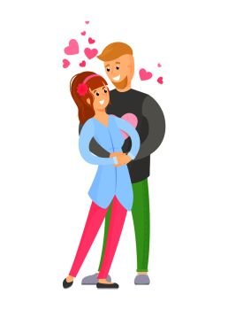Boy and girl tenderly hugging, young lovers embracing each other, hearts over them, boy and girl in love, happy couple vector illustration isolated. Boy Girl Tenderly Hugging, Young Lovers Embracing