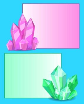 Pink and green crystals gemstones, organic minerals with square frame border vector illustration set isolated on white background in flat style. Pink and Green Crystals Gemstones Organic Minerals