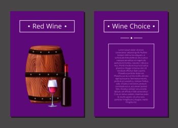 Red wine choice poster with bottle of alcohol drink, wineglass and wooden barrel, place for text in frame vector illustration isolated on purple. Red Wine Choice Poster Bottle of Alcohol Drink