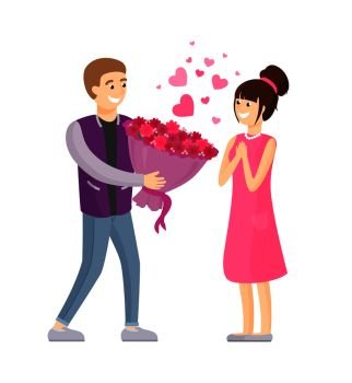 Man presenting luxury bouquet of flowers to woman, vector illustration of dating couple in love vector illustration isolated on white background. Man Presenting Luxury Bouquet of Flowers to Woman
