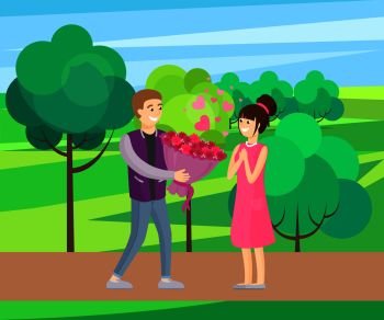 Man presenting luxury bouquet of flowers to woman, vector illustration of dating couple in love vector illustration in green park, spring scenery landscape. Man Presenting Luxury Bouquet of Flowers to Woman