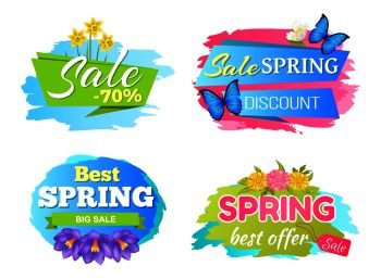 Best offer spring big sale discounts 50 posters set with decorative labels butterfly and springtime flowers daffodils bloom, purple crocus and daisies. Spring Big Sale Discounts 50 Posters Set Labels
