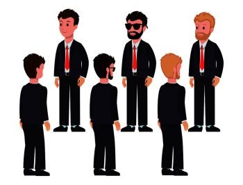 Male characters in classic formal suits and red ties from front and back views isolated cartoon flat vector illustrations set on white background.. Male Characters in Suits Front and Back Views