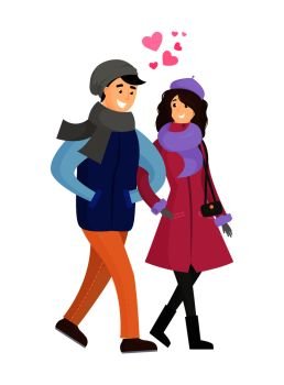 Young couple in winter cloth vector illustration isolated on white background. Dating girlfriend and boyfriend in warm apparel, hearts over heads. Young Couple in Winter Cloth Vector Illustration
