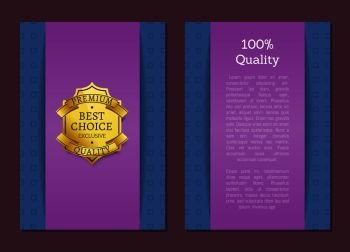 100 quality best choice exclusive premium standard poster decorated by ribbons, gold seal with black text vector illustration on blue purple background. 100 Quality Best Choice Exclusive Standard Label