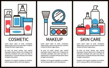 Cosmetic and makeup, skin care, collection of banners, with editable text and letterings, tubes and brush, eyeshadows and mirror, vector illustration. Cosmetic and Makeup Skin Care Vector Illustration