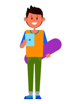 Smiling teenager banner color vector illustration, happy boy in colorful clothes, blue tablet device, lilac skateboard green pants yellow pullover. Smilling Teenager Banner Color Vector Illustration