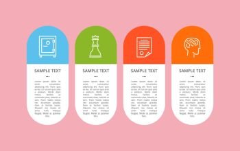 Set of colorful icons isolated on pink backdrop, vector illustration with cute labels of safe, brain and piece of paper, chess figure, text sample. Set of Colorful Icons Isolated on Pink Backdrop